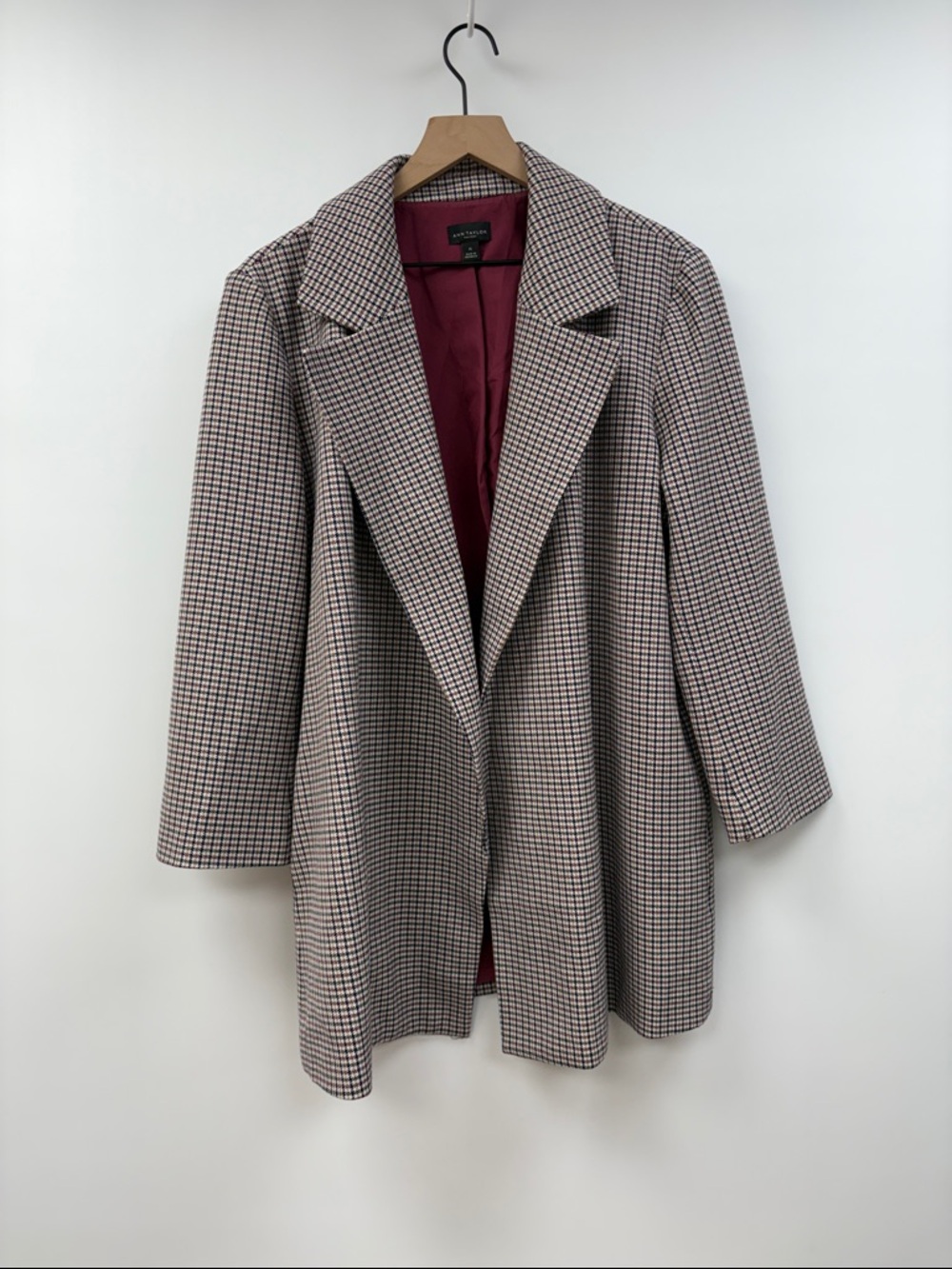 Ann Taylor Houndstooth Plaid Open Blazer Jacket Stretch Preppy Tan XL